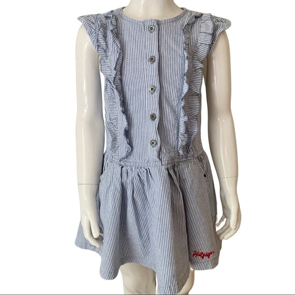 TOMMY HILFIGER Striped Denim Ruffle Dress Sleeveless 100% Cotton Blue & White 5 - Picture 1 of 16